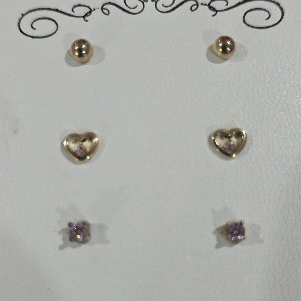 Trio: Gold Ball Studs, Heart-Shaped Pink Crystal Earrings, and Lavender Gemstone